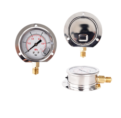 Stainlesssteelbody,brassjoints,shock-resistantoil-filledbottommountingpressuregaugewithflange