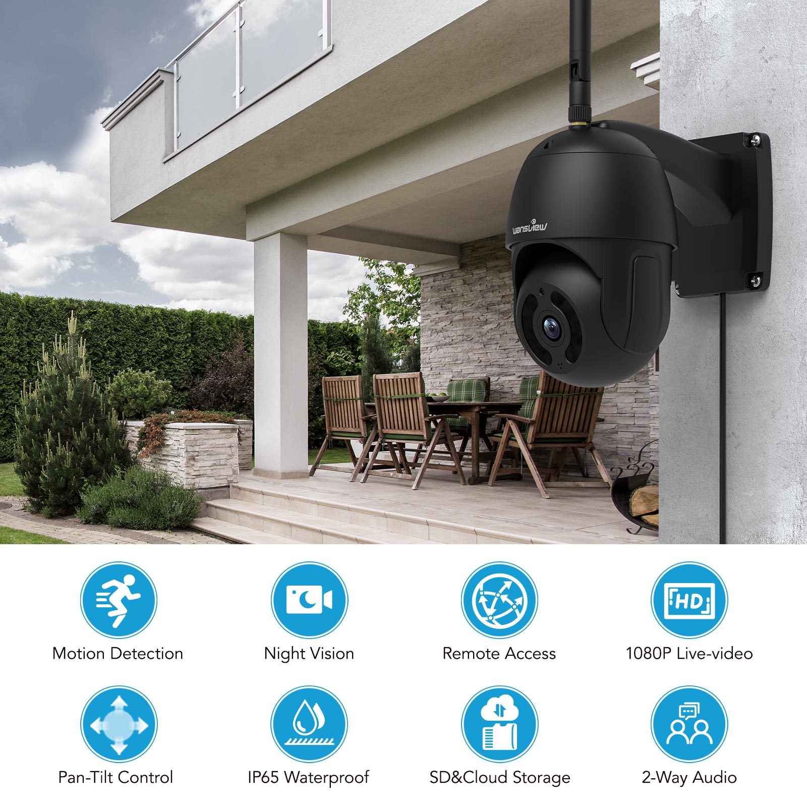 2K Outdoor Pan-Tilt Security Camera W9 Black-Wansview