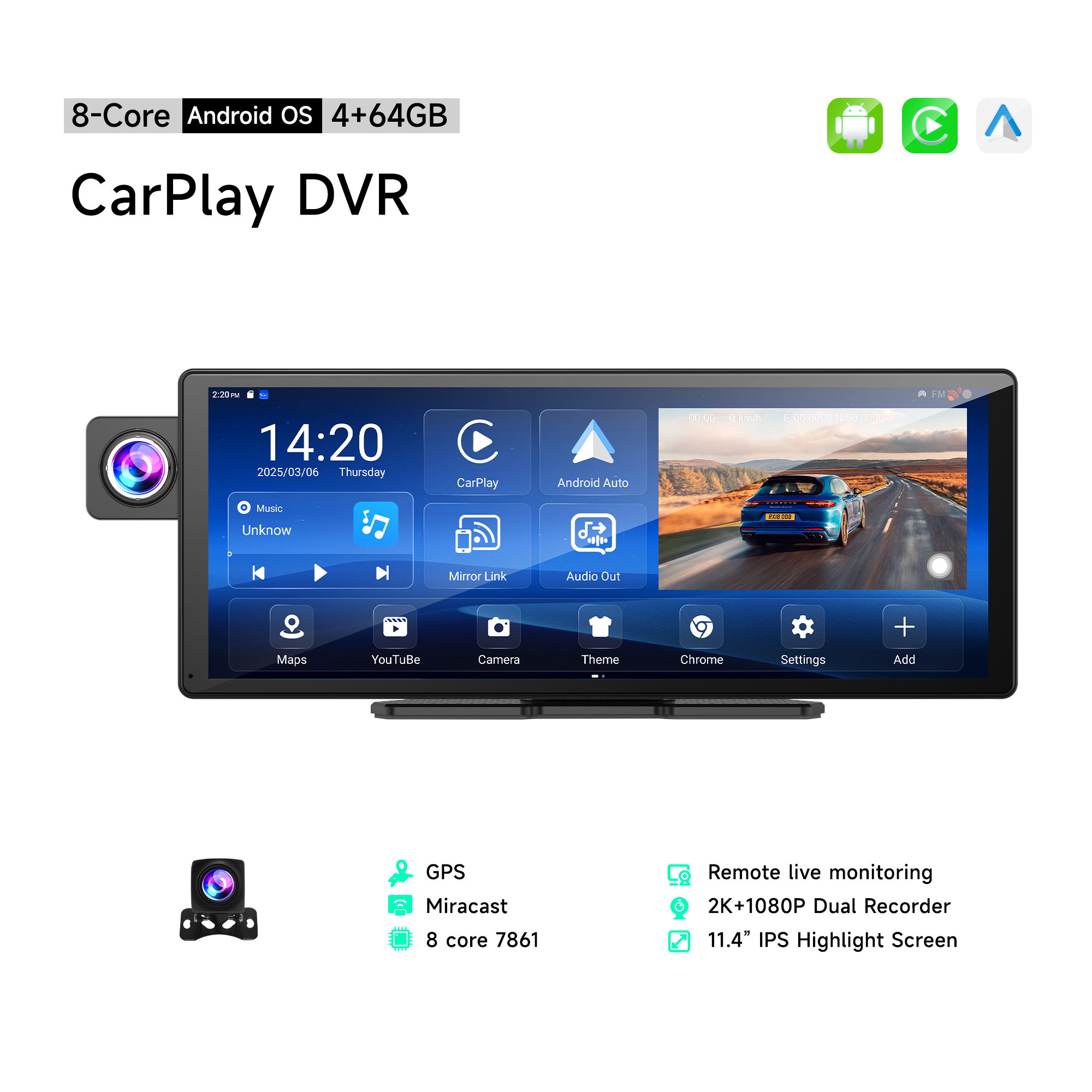 【新品】11.3インチ 大画面Carplay android Auto ドラレコ 11.40