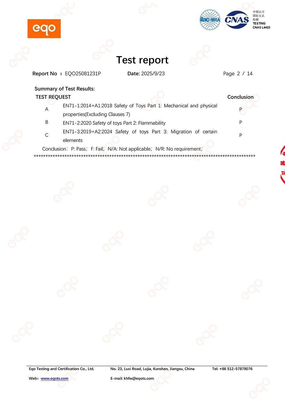 EN 71-3 non-toxic safety certificate for magnetic tiles - Migration of certain elements testing passed.