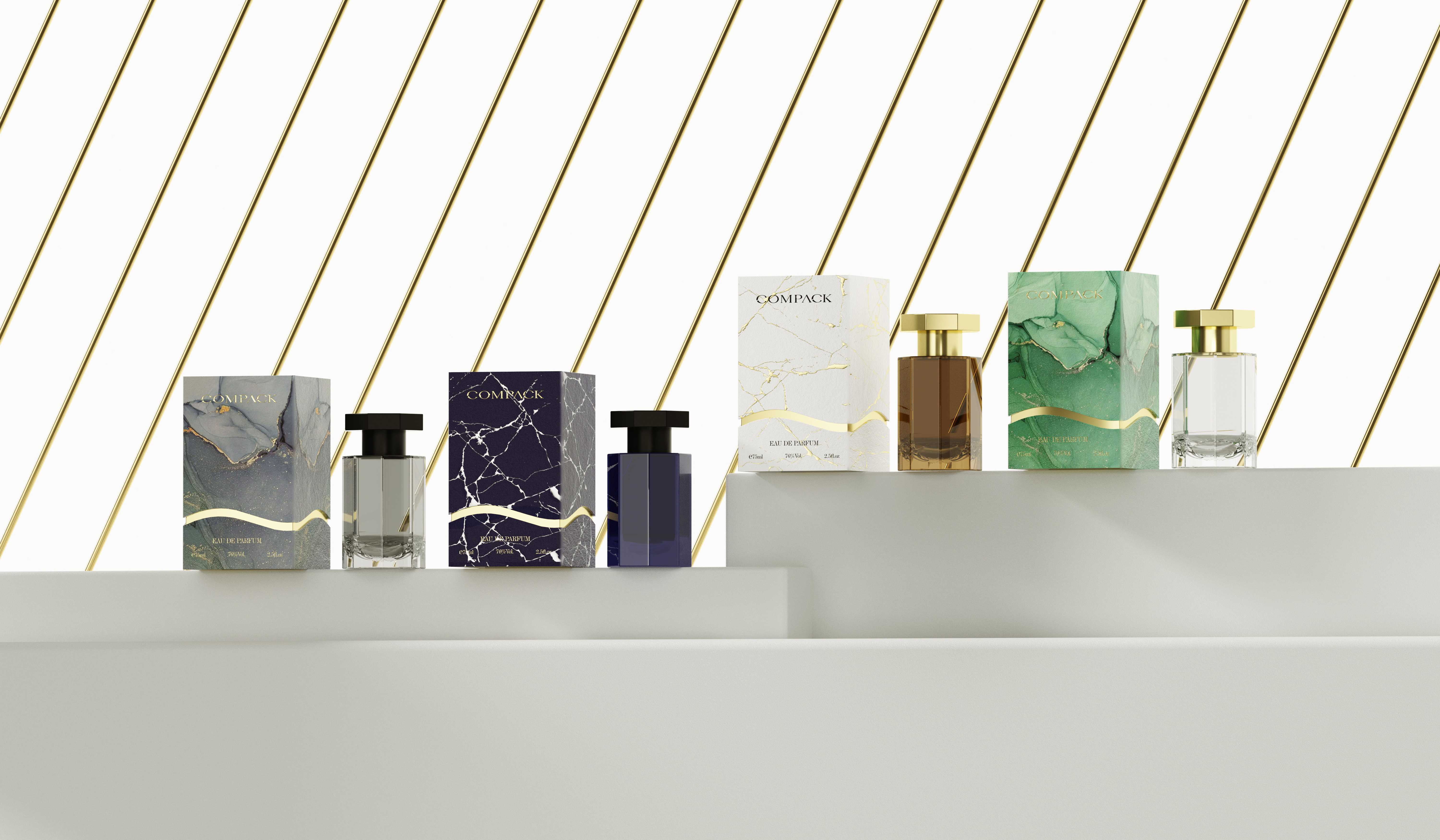COMPACK perfume bottle packaging featuring the brand name prominently displayed twice in a clean, minimalist design.