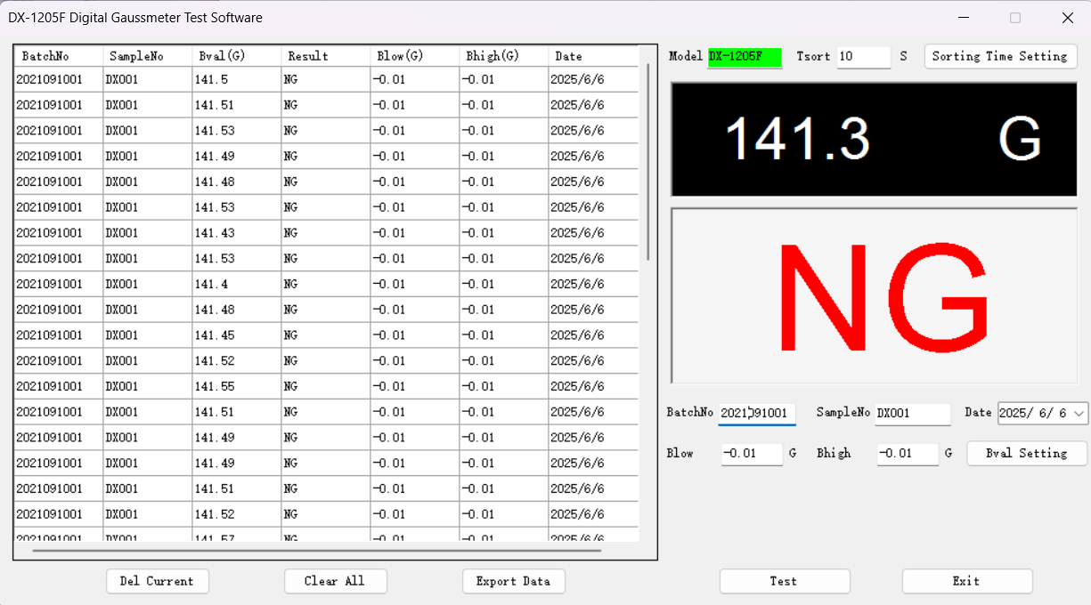 Software interface of DX-1205F Desktop DC Gauss Meter