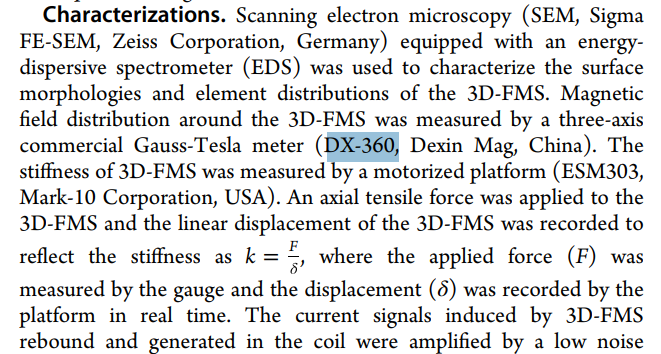 application of DX-360 three-axis commercial Gauss-Tesla meter in Bionic Perception of Surface Adhesion via a Magnetized Spring-like Sensor with Axial Stretchability