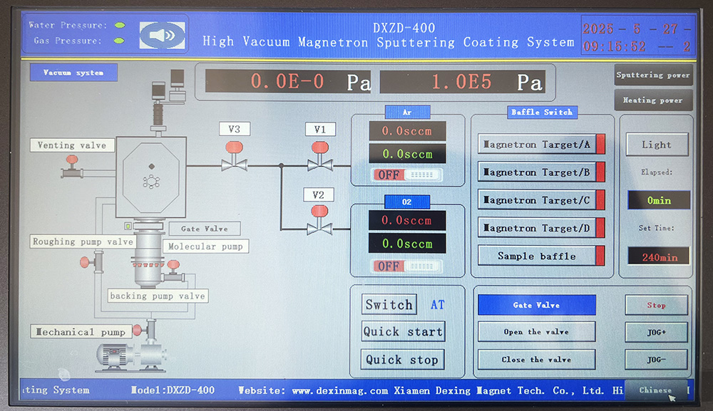 User interface of DXZD-400 High Vacuum Magnetron Sputtering Coating System