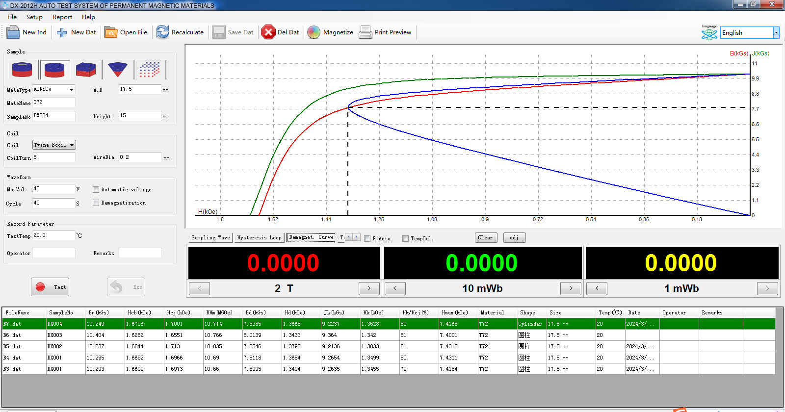 Software interface of DX-2012H auto test system of permanent magnetic materials