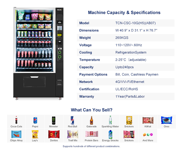 ADA 10G H5 Vending Machine Capacity & Specifications