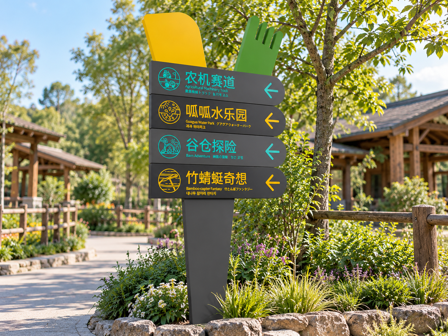 theme-park-directional-signs-outdoor-freestanding-painted-day