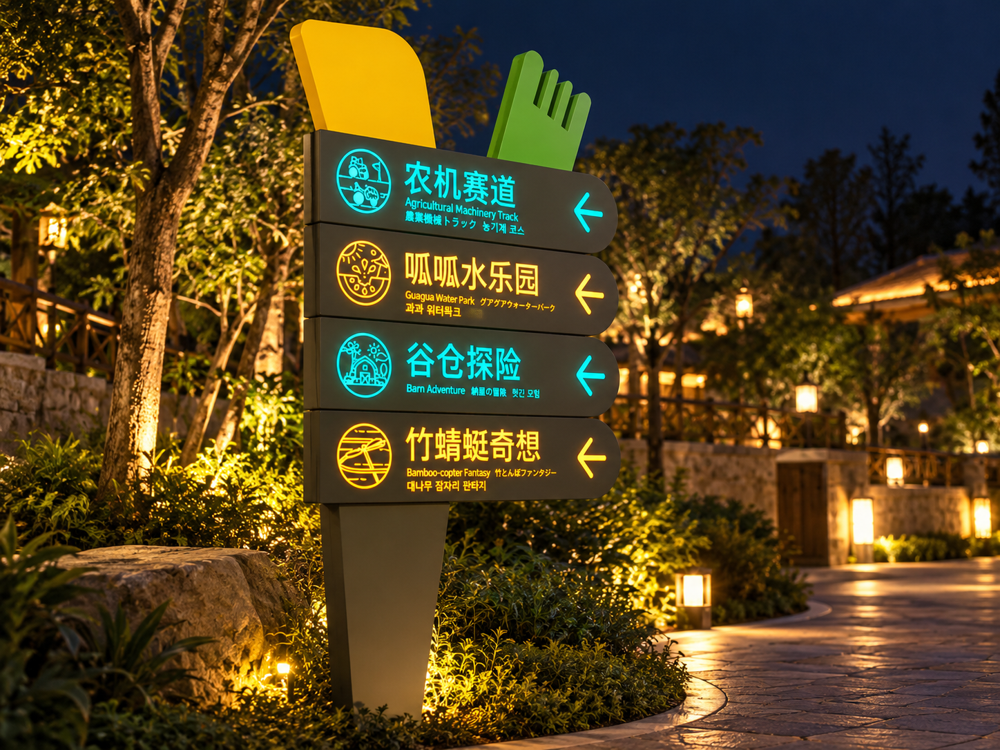 theme-park-directional-signs-outdoor-freestanding-painted-night