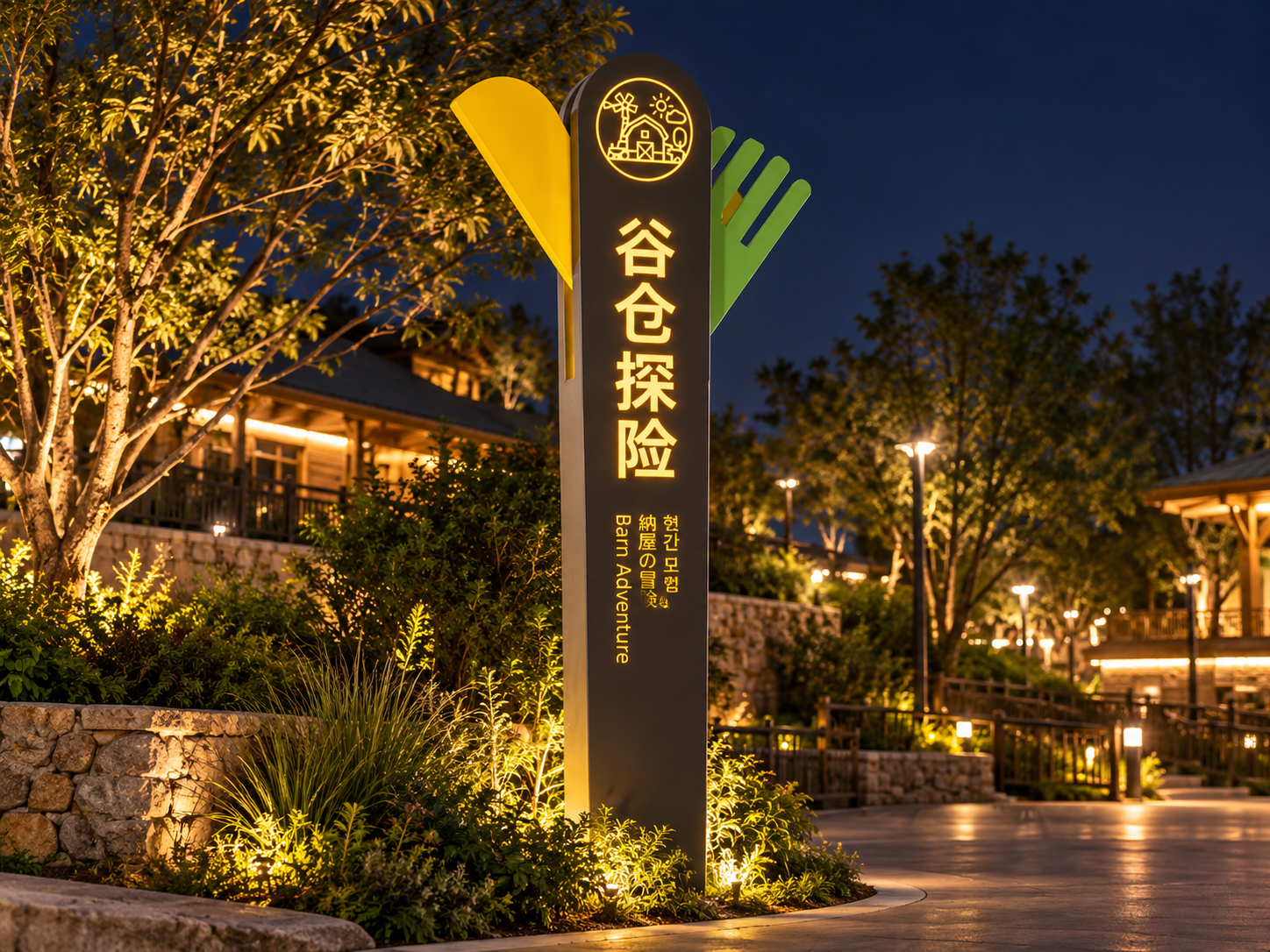 theme-park-totem-signs-outdoor-freestanding-painted-night
