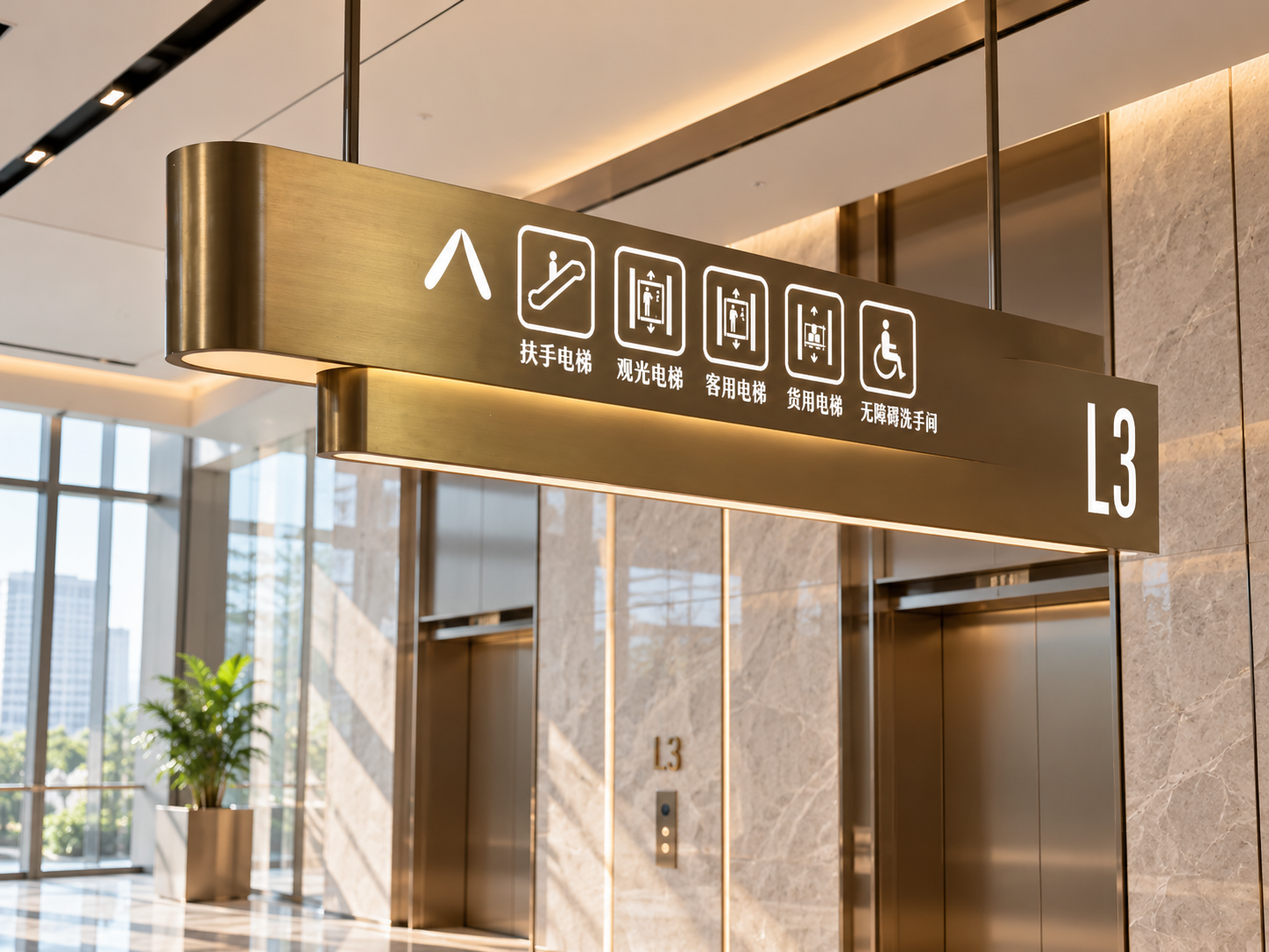 elevator-lobby-commercial-interior-suspended-brushed-bronze
