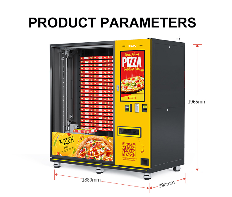 Pizza vending machine product parameters showing dimensions: 2000mm height and 1950mm width