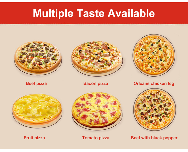 Multiple pizza tastes available in the vending machine: beef pizza, bacon pizza, fruit pizza, tomato pizza, and Orleans chicken leg
