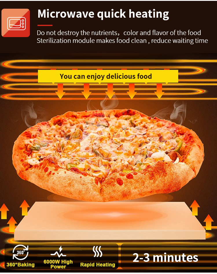Microwave quick heating technology in the pizza machine: 360° baking, 6000W high power, heats in 2-3 minutes without destroying food nutrients.