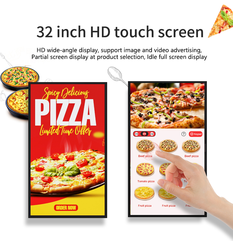 32-inch HD touch screen on the pizza vending machine supporting HD advertising and partial/full screen display modes