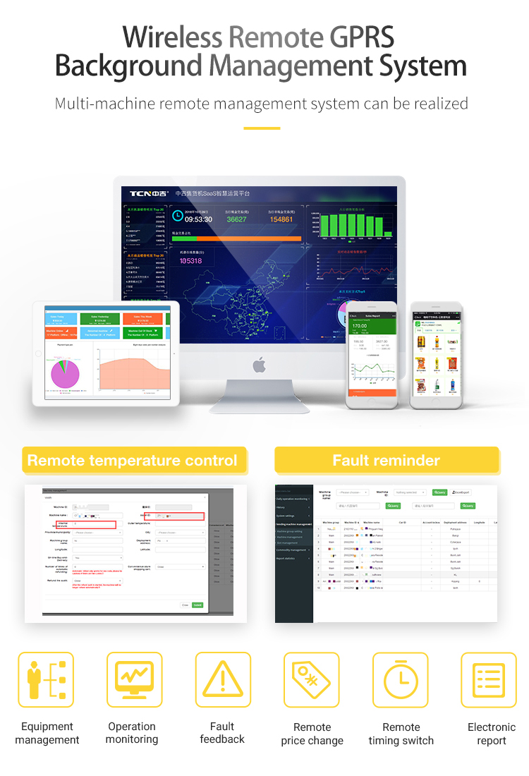 Wireless remote GPRS management system for pizza vending machines: remote temperature control, equipment monitoring, fault feedback, and electronic reports