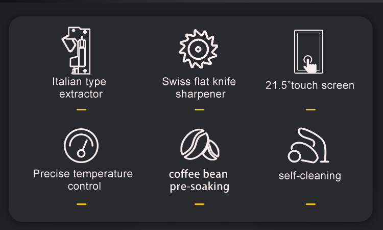 Core features of TCN coffee vendor including Italian extraction, Swiss grinder, and self-cleaning