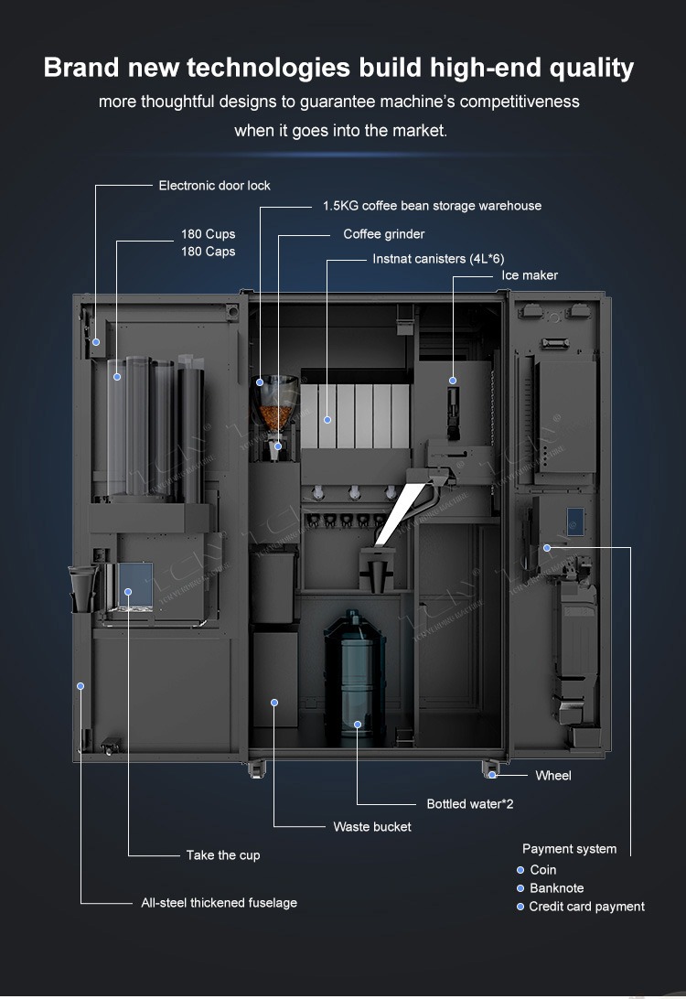 Internal layout of TCN-NCF-8N coffee vendor featuring a built-in ice maker and 1.5kg bean hopper