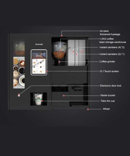 Internal components of the compact TCN-NCF-4N coffee vendor showing 1.2kg bean hopper and wheels for mobility