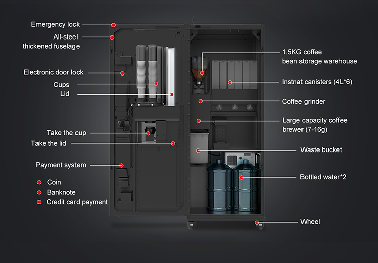 Internal structure of TCN-NCF-7N-V22 coffee vending machineshowing 1.5kg bean hopper, 6 ingredient canisters, and grinder