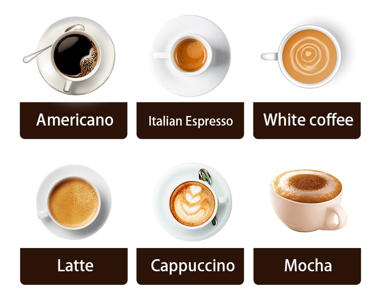 Drink menu of TCN-NCF-7N coffee vending machine showing Americano, Latte, Cappuccino, and Mocha options