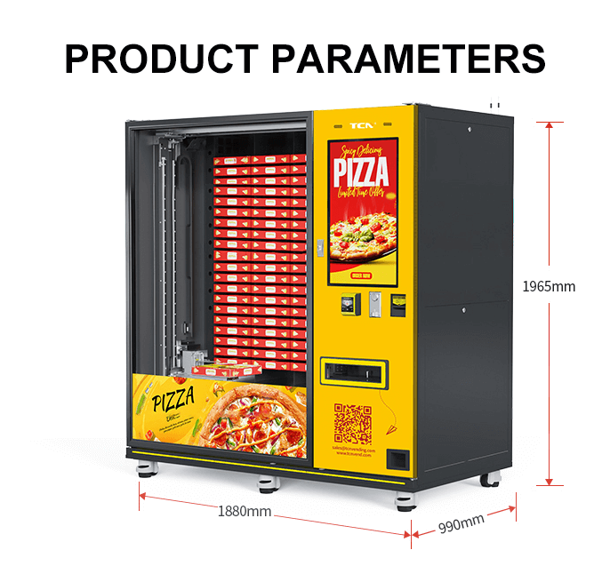 Dimensions and specifications of the TCN pizza vending machine: 1880mm W x 990mm D x 1965mm H, showcasing its compact footprint
