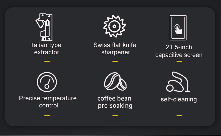 Core features of TCN coffee vendor including Italian extraction, Swiss grinder, and self-cleaning