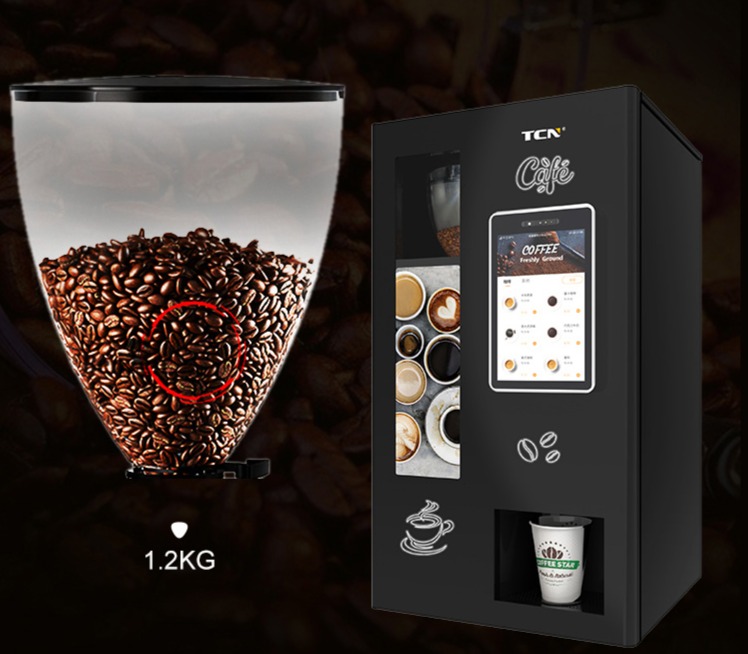 Swiss Ditting 64mm grinder ensuring even extraction in the TCN-NCF-4N-V10.1 compact coffee vending machine,Diagram of large capacity 1.5kg transparent coffee bean hopper in TCN-NCF-4N coffee vending machine