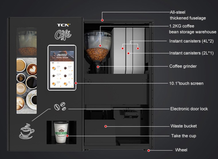 Internal components of the compact TCN-NCF-4N coffee vendor showing 1.2kg bean hopper and wheels for mobility