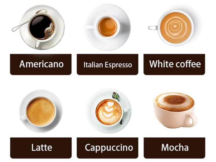 Drink menu of TCN-NCF-7N coffee vending machine showing Americano, Latte, Cappuccino, and Mocha options