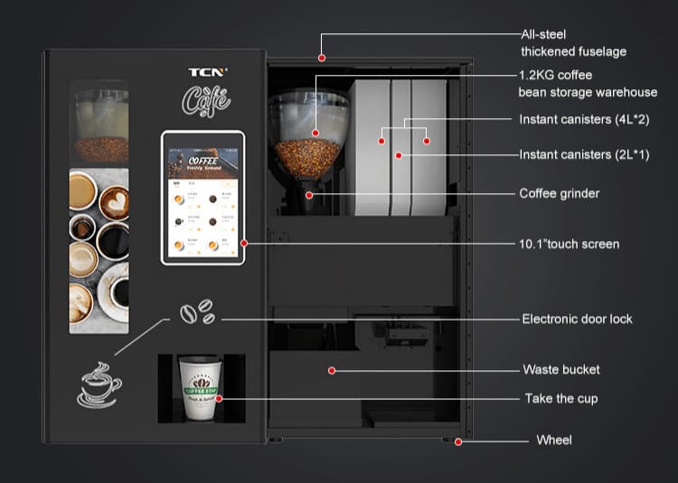 Internal components of the compact TCN-NCF-4N coffee vendor showing 1.2kg bean hopper and wheels for mobility