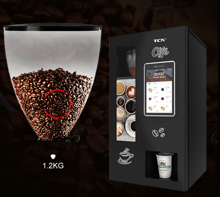 Swiss Ditting 64mm grinder ensuring even extraction in the TCN-NCF-4N-V10.1 compact coffee vending machine,Diagram of large capacity 1.5kg transparent coffee bean hopper in TCN-NCF-4N coffee vending machine