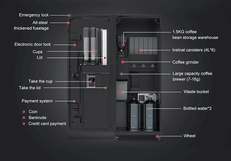 Internal structure of TCN-NCF-7N-V22 coffee vending machineshowing 1.5kg bean hopper, 6 ingredient canisters, and grinder