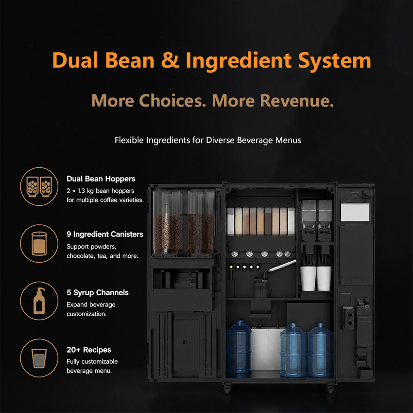 Internal structure of TCN-NCF-7N-V22 coffee vending machineshowing 1.5kg bean hopper, 6 ingredient canisters, and grinder