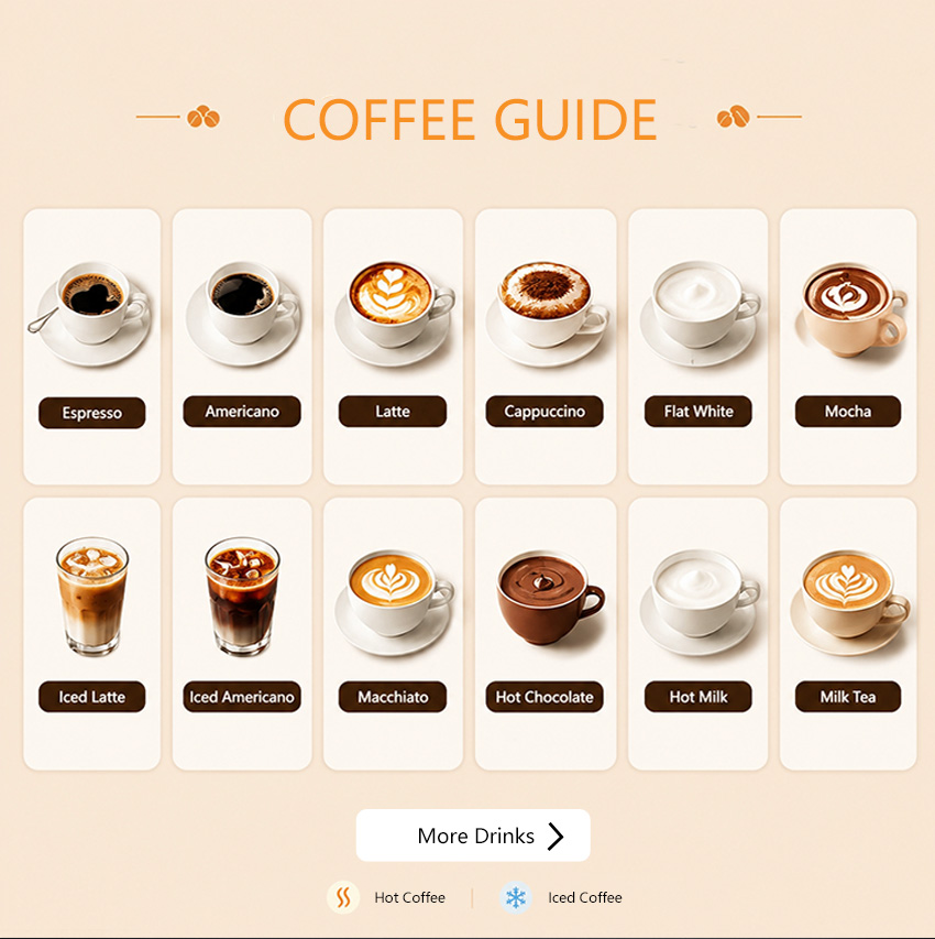 Drink menu of TCN-NCF-7N coffee vending machine showing Americano, Latte, Cappuccino, and Mocha options