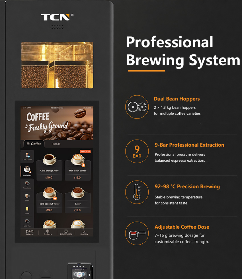 Drink menu of TCN-NCF-7N coffee vending machine showing Americano, Latte, Cappuccino, and Mocha options