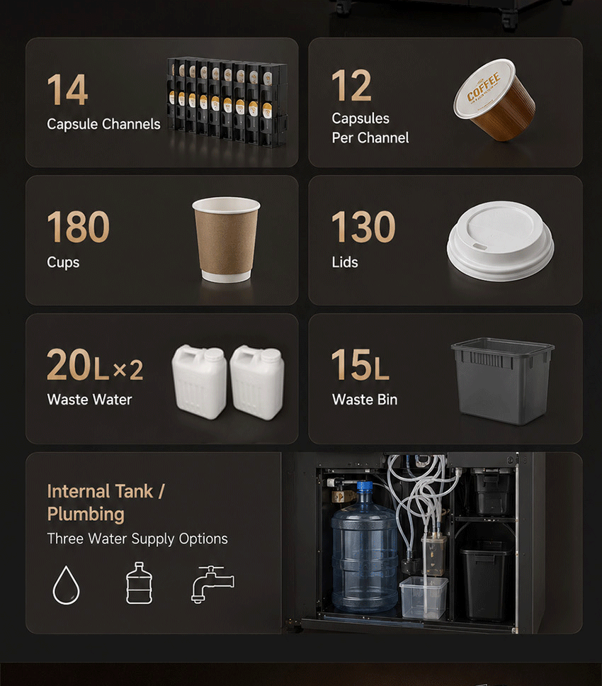 Internal structure of TCN-NCF-7N-V22 coffee vending machineshowing 1.5kg bean hopper, 6 ingredient canisters, and grinder