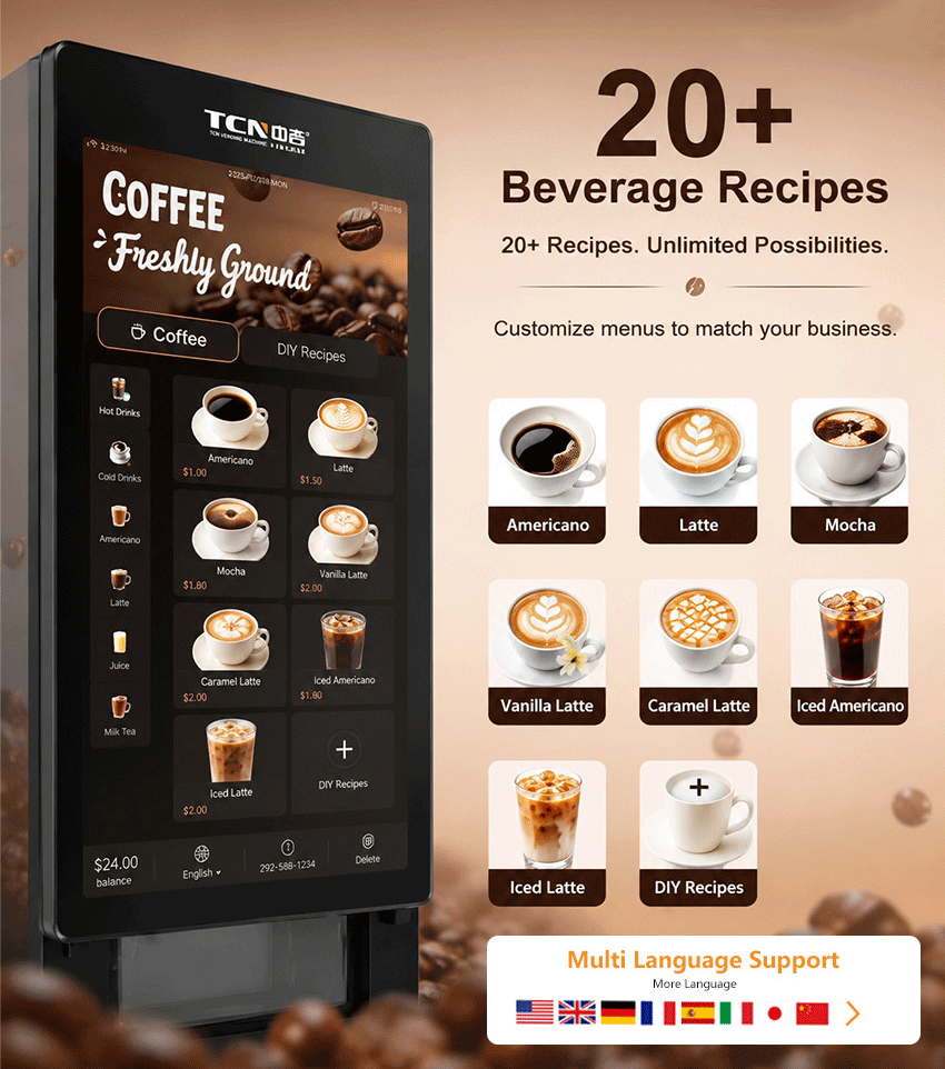 Drink menu of TCN-NCF-7N coffee vending machine showing Americano, Latte, Cappuccino, and Mocha options