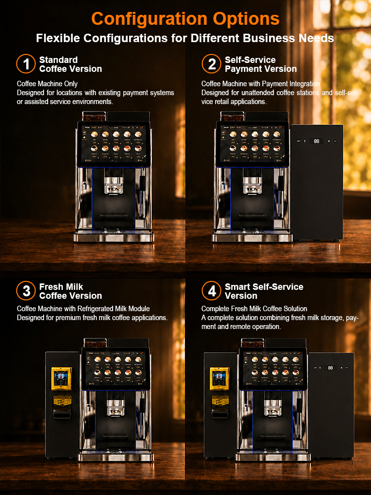 Core features of TCN coffee vendor including Italian extraction, Swiss grinder, and self-cleaning