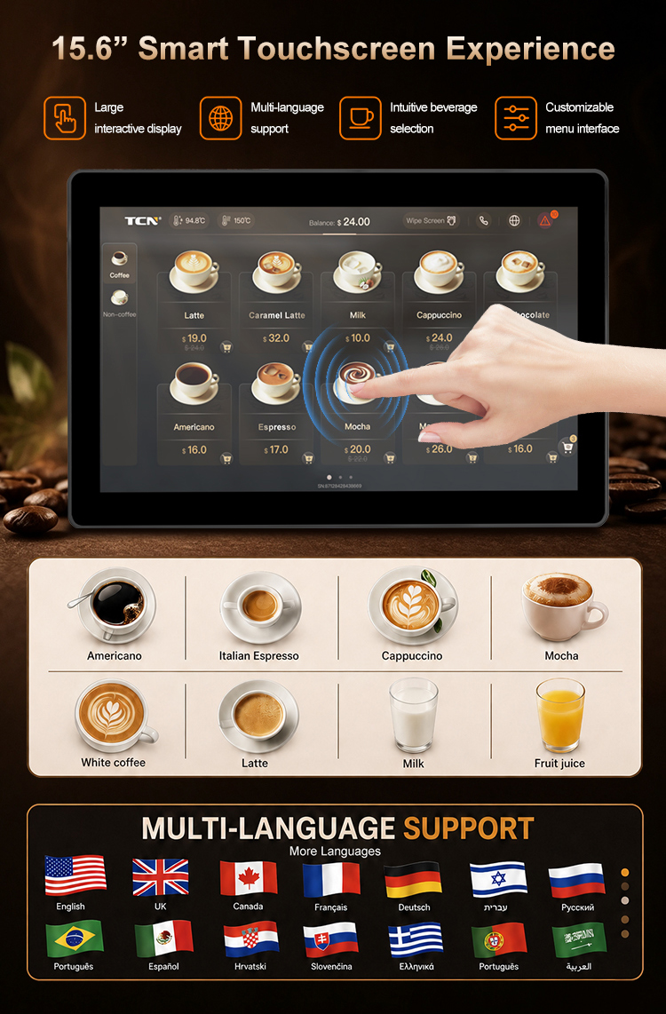 Drink menu of TCN-NCF-7N coffee vending machine showing Americano, Latte, Cappuccino, and Mocha options