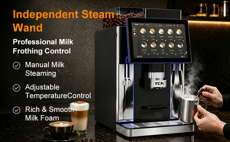 This coffee vending machine features a transparent coffee bean hopper with a 1.5 kg capacity, complete with a secure lid to prevent spillage during operation