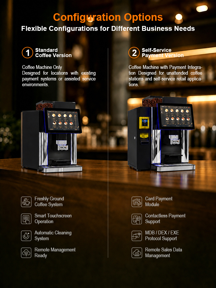 Core features of TCN coffee vendor including Italian extraction, Swiss grinder, and self-cleaning