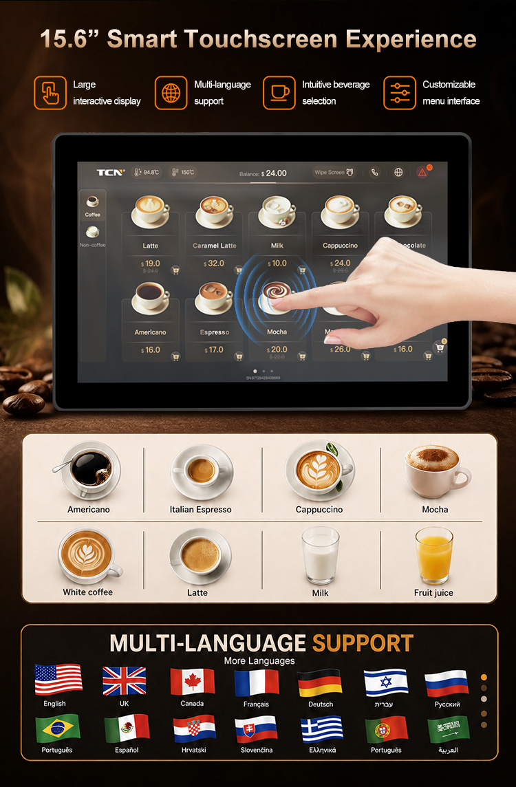 Drink menu of TCN-NCF-7N coffee vending machine showing Americano, Latte, Cappuccino, and Mocha options