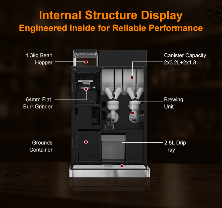 This coffee vending machine features a transparent coffee bean hopper with a 1.5 kg capacity, complete with a secure lid to prevent spillage during operation