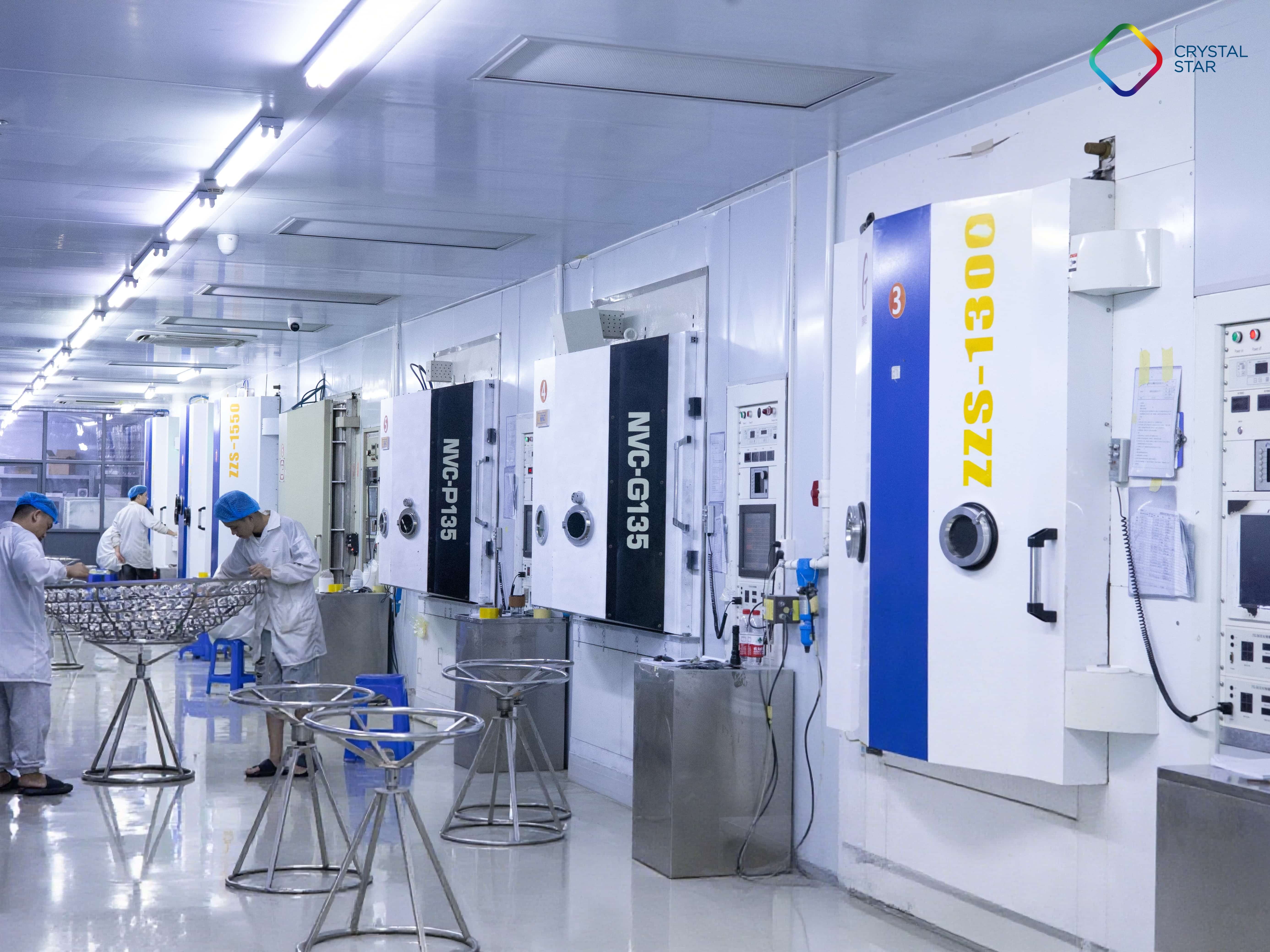 Vacuum coating chambers for applying mirror and anti-reflective coatings on polarized sun lenses.